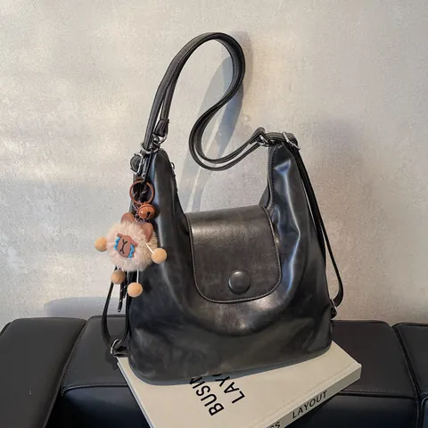 Women's Vintage PU Leather Large Capacity Tote Bag Multi-use Backpack Shoulder Crossbody Bag With Plush Charm For Daily Use