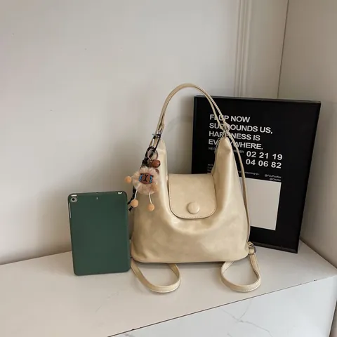 Women's Vintage PU Leather Large Capacity Tote Bag Multi-use Backpack Shoulder Crossbody Bag With Plush Charm For Daily Use