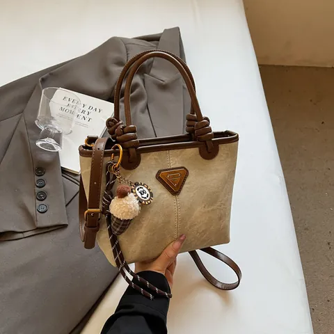 Women Vintage Tote Bag PU Canvas Splicing Crossbody Bag With Ice Cream Charm And Triangle Logo Daily Commuter Bucket Bag