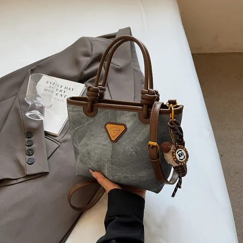 Women Vintage Tote Bag PU Canvas Splicing Crossbody Bag With Ice Cream Charm And Triangle Logo Daily Commuter Bucket Bag