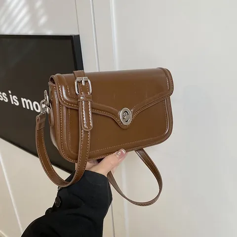 Women's Vintage Glossy PU Leather Small Square Crossbody Bag Minimalist Shoulder Bag With Metal Lock Closure