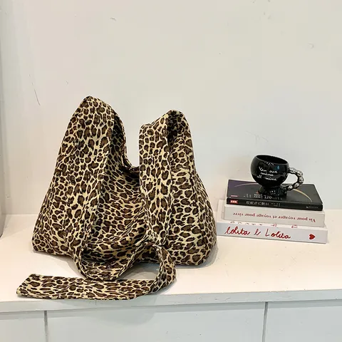 Women Leopard Print Cotton Tote Bag Large Capacity Casual Shoulder Bag Retro Commuter Fashion Simple Fabric Handbag Purse