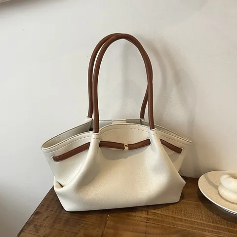 Damen PU Leder Tote Bag Großes Fassungsvermögen Kontrastfarbe Unterarmtasche Fashion Commuter Handtasche Mit Zierriemen