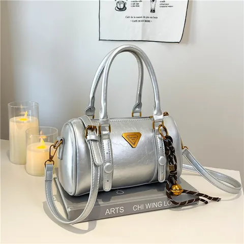 Women Retro PU Leather Boston Bag Metallic Cylinder Handbag With Triangle Metal Badge Bell Charm Shoulder Crossbody Bag