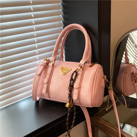 Women Retro PU Leather Boston Bag Metallic Cylinder Handbag With Triangle Metal Badge Bell Charm Shoulder Crossbody Bag