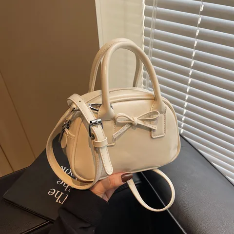 Women Fashion PU Leather Handbag Mini Boston Crossbody Bag With Bow Knot Solid Color Top Handle Shoulder Bag For Daily