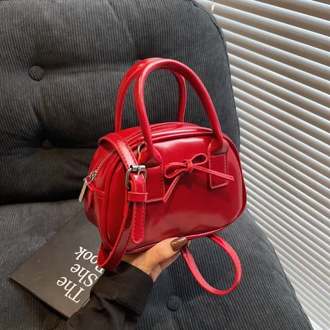 Women Fashion PU Leather Handbag Mini Boston Crossbody Bag With Bow Knot Solid Color Top Handle Shoulder Bag For Daily