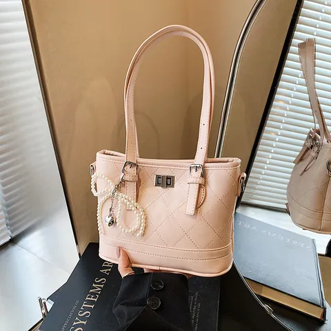 Women Vintage Quilted Rhombic PU Tote Bag Sweet Korean Style Handbag With Pearl Bow Heart Charm Metal Lock Shoulder Bag