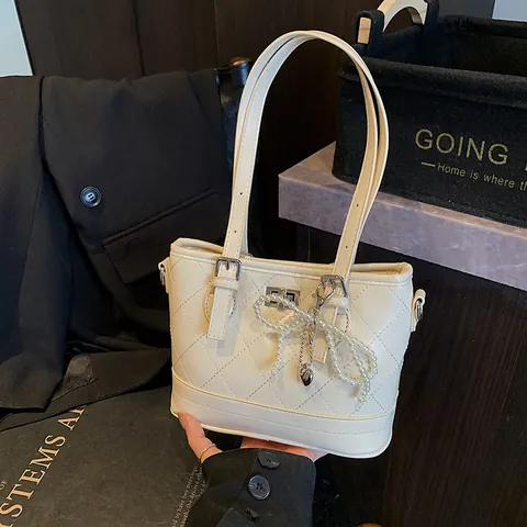 Women Vintage Quilted Rhombic PU Tote Bag Sweet Korean Style Handbag With Pearl Bow Heart Charm Metal Lock Shoulder Bag