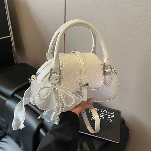 Vintage PU Leather Boston Handbag For Women Stylish Pillow Bag With Artificial Pearl Mesh Bow Charm Shoulder Crossbody Bag Daily Versatile