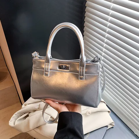 Women's PU Leather Small Square Handbag With Mini Triangle Pouch Metal Lock Detachable Shoulder Crossbody Bag Daily Fashion Tote