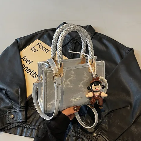 Women Fashion PU Leather Small Square Bag With Braided Handle Marble Texture Shoulder Crossbody Bag For Daily Street Trend