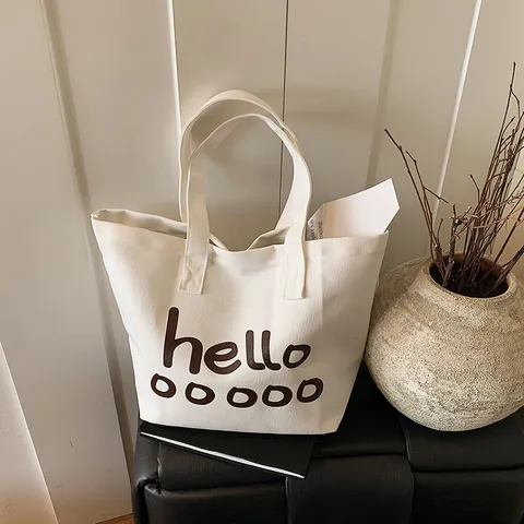 Sac Fourre-tout en Toile Grande Capacité pour Femmes hello ooooo Imprimé Lettres Sac à Épaule Streetwear Décontracté