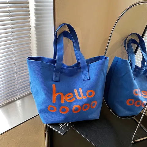 Sac Fourre-tout en Toile Grande Capacité pour Femmes hello ooooo Imprimé Lettres Sac à Épaule Streetwear Décontracté