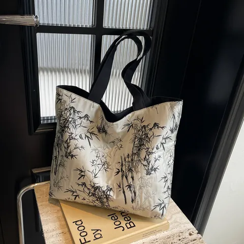 Women Large Capacity Canvas Tote Bag Artistic Bamboo Print Shoulder Handbag Casual Commuter Shopping Bag For Daily Use