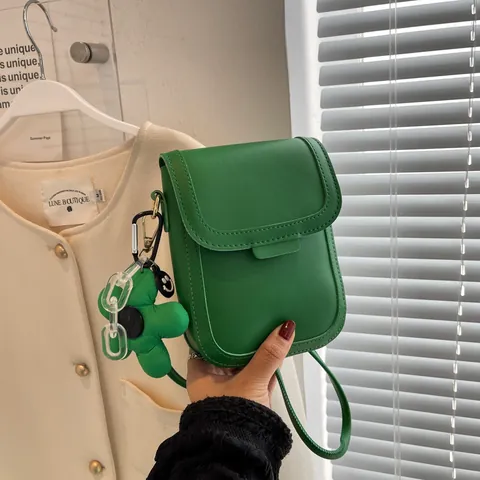 Korean Style Minimalist PU Leather Mini Crossbody Phone Bag For Women Flip Cover Small Square Bag With Flower Charm