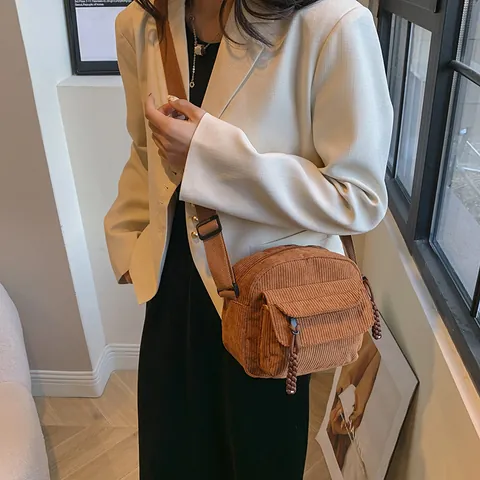 Women Casual Corduroy Shoulder Bag Vintage Solid Color Crossbody Square Bag Braided Zipper Pull Adjustable Strap Travel Bag