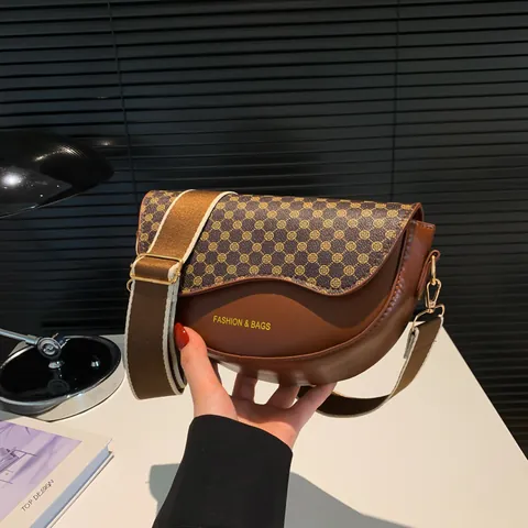 Women Vintage PU Leather Saddle Bag Retro Leopard Monogram Printed Crossbody Shoulder Bag With Wide Strap Versatile Fashion Handbag