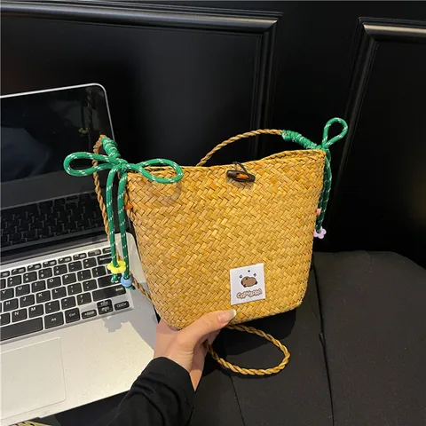 Women Handwoven Straw Bucket Bag With Cartoon Capybara Patch Casual Summer Beach Crossbody Bag Beaded Strap Shoulder Bag