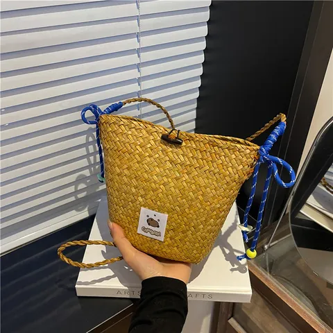Women Handwoven Straw Bucket Bag With Cartoon Capybara Patch Casual Summer Beach Crossbody Bag Beaded Strap Shoulder Bag