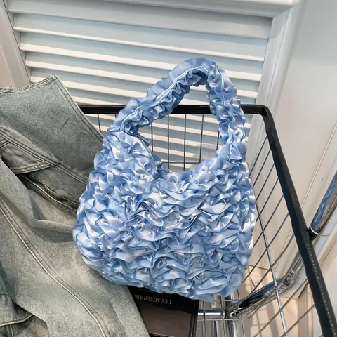 Fashion Women Pleated Ruffle Handbag Soft Satin Solid Color Hobo Tote Bag For Daily Streetwear Party