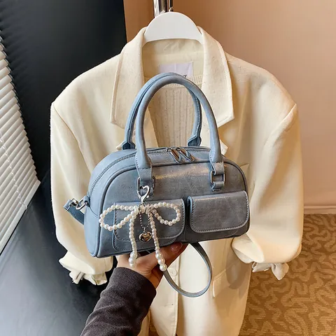 Women's PU Leather Boston Bag Korean Style Small Bowling Handbag With Artificial Pearl Bow Pendant Dual Front Pockets Crossbody Bag
