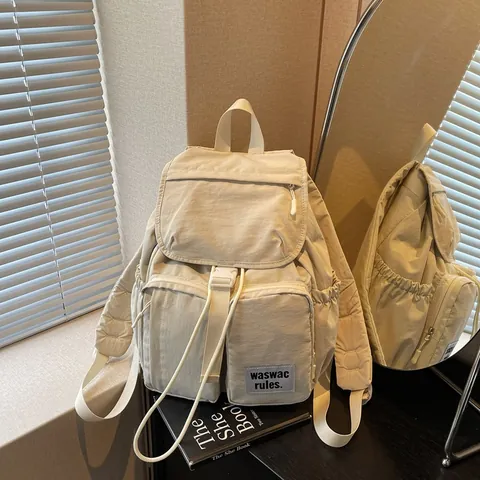 Women Korean Style Nylon Backpack Large Capacity School Bag Casual Solid Color Travel Backpack With Drawstring Buckle Student Bag