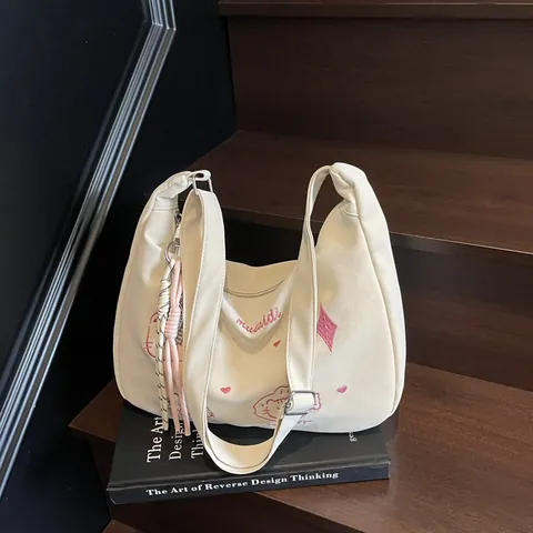 Borsa Tote da Donna Casual in Pelle PU con Ricamo Gatto e Stampa Lettere Borsa a Spalla con Ciondolo Intrecciato Streetwear Shopping Pendolare