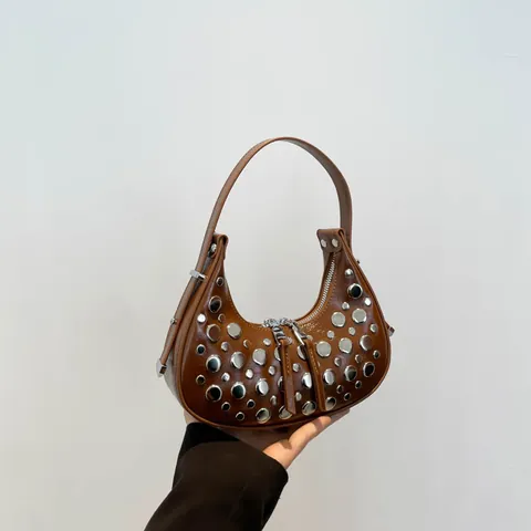 Trendy Rivet Half Moon Underarm Bag For Women Large Capacity Punk Hobo Shoulder Bag PU Leather Y2K Street Style Daily Purse