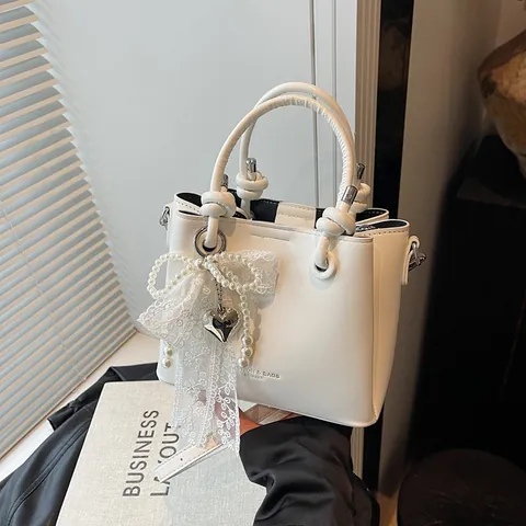 Retro PU Leather Women Handbag With Lace Artificial Pearl Bow Heart Pendant Pleated Shoulder Bag Casual Crossbody Tote Bag For Lady