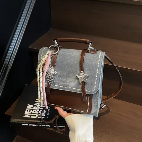 Women Vintage Denim PU Patchwork Backpack Versatile Handheld Schoolbag Fashion Star Decor Travel Shoulder Bag Korean Style Casual Daypack