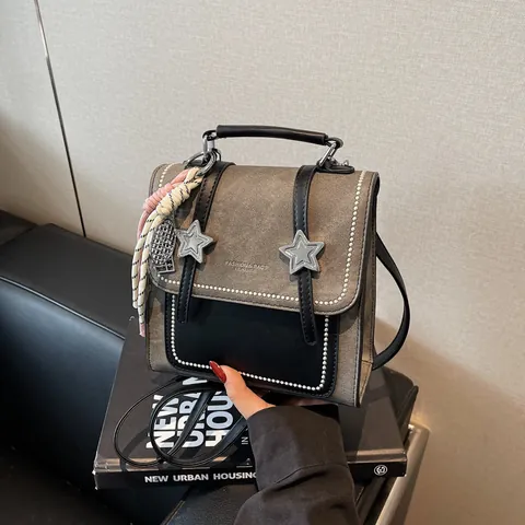 Women Vintage Denim PU Patchwork Backpack Versatile Handheld Schoolbag Fashion Star Decor Travel Shoulder Bag Korean Style Casual Daypack
