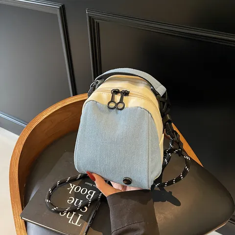 Casual Canvas Denim Patchwork Crossbody Bag For Women Small Shell Shoulder Bag With Adjustable Cord Strap Daily Travel Mini Bag