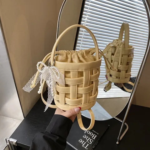 Borsa a Secchiello Intrecciata da Donna in Pelle PU Con Custodia Interna a Coulisse Fiocco in Pizzo Künstliche Perle Borsa a Mano Tracolla