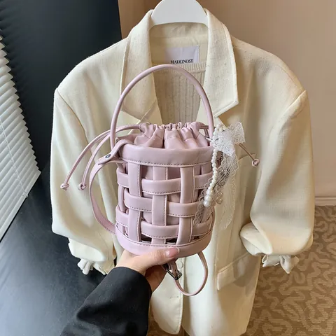Borsa a Secchiello Intrecciata da Donna in Pelle PU Con Custodia Interna a Coulisse Fiocco in Pizzo Künstliche Perle Borsa a Mano Tracolla