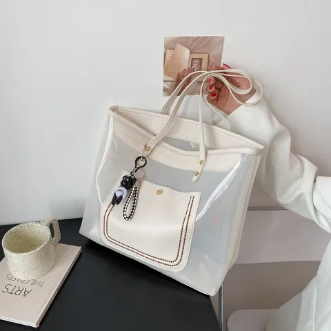 Fashion Transparent PVC Tote Bag For Women Large Capacity Jelly Shoulder Bag With Inner Pouch Bear Pendant Street Trendy Commuting Handbag