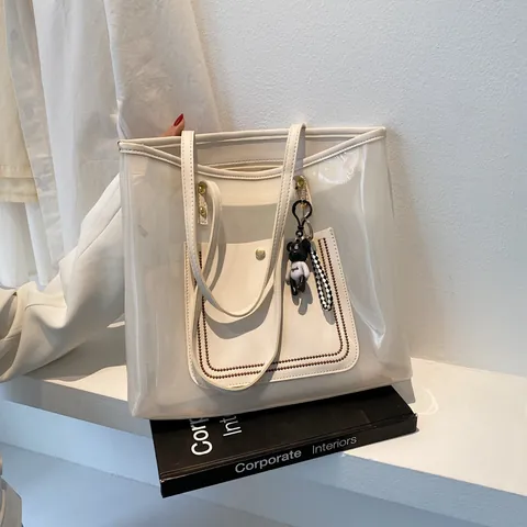 Fashion Transparent PVC Tote Bag For Women Large Capacity Jelly Shoulder Bag With Inner Pouch Bear Pendant Street Trendy Commuting Handbag