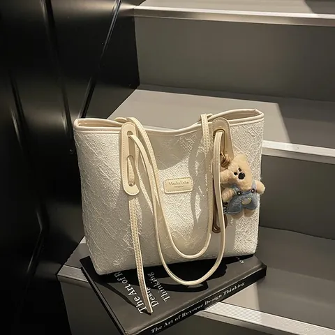 Borsa Tote da Donna Grande Capacità in Pelle PU Con Ciondolo a Orsetto di Peluche Semplice Moda Jacquard Borsa a Tracolla Scuola