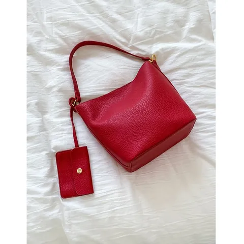 Minimalist Litchi Texture PU Leather Women Bucket Bag Shoulder Handbag With Matching Small Pouch Commuting Daily Tote
