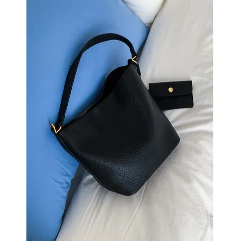 Minimalist Litchi Texture PU Leather Women Bucket Bag Shoulder Handbag With Matching Small Pouch Commuting Daily Tote
