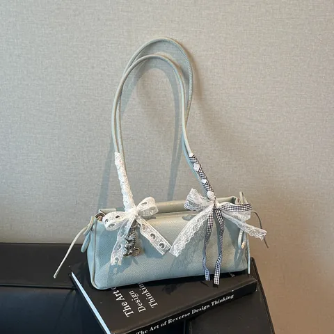 Korean Sweet PU Leather Underarm Bag For Women Litchi Pattern Lace Bow Heart Pendant Shoulder Bag Elegant Commuting Bag