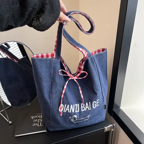 Women Casual Denim Tote Bag Large Capacity Gingham Plaid Contrast Shoulder Bag Cute Dog Letter Print Bow Decor Canvas Handbag
