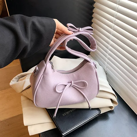 Bolso de Mano Minimalista de Color Sólido Con Lazo Para Mujer Moda Casual Patrón de Lichi Cuero PU Bolso de Axila