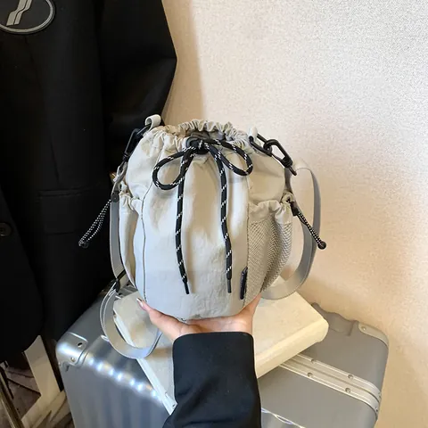 Women Nylon Drawstring Bucket Bag Mesh Side Pocket Lightweight Fashion Crossbody Shoulder Bag Daily Commuting Travel Purse