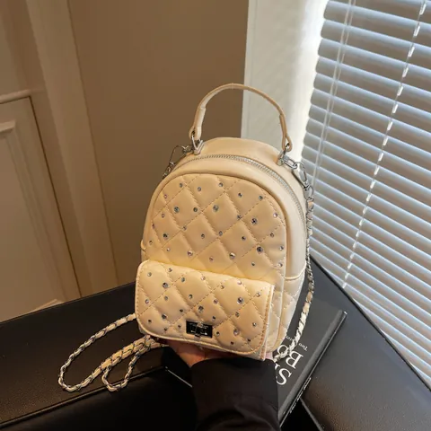 Women's Fashion Mini Quilted Rhinestone Backpack PU Leather Luxury Chain Shoulder Bag Casual Travel Small Backpack For Daily Use