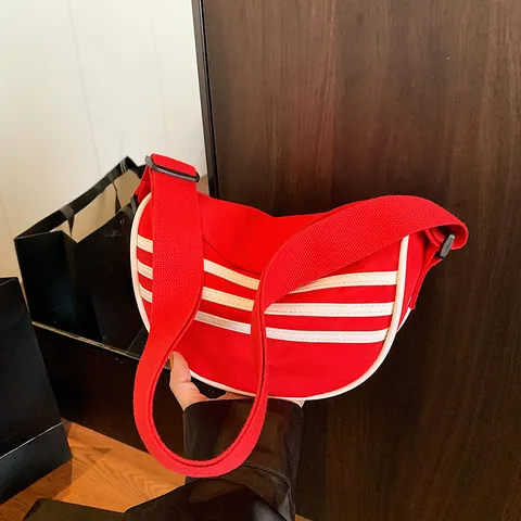 Bolso Bandolera de Media Luna de Lona para Mujer Color de Contraste Tres Rayas Casual Gran Capacidad Bolso de Viaje