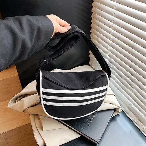 Bolso Bandolera de Media Luna de Lona para Mujer Color de Contraste Tres Rayas Casual Gran Capacidad Bolso de Viaje