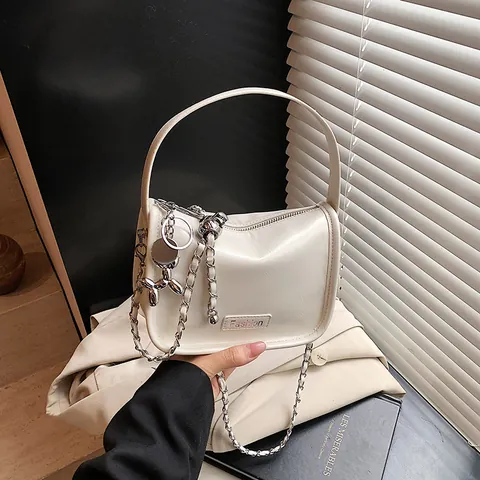 Women's Fashion Glossy PU Leather Underarm Bag Small Square Crossbody Bag With Metallic Chain And Balloon Dog Charm For Daily Wear