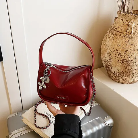 Women's Fashion Glossy PU Leather Underarm Bag Small Square Crossbody Bag With Metallic Chain And Balloon Dog Charm For Daily Wear