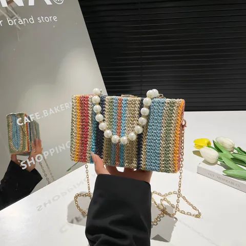 Damen Stroh Gewebte Umhängetasche Mit Künstliche Perlengriff Goldkette Gestreifte Kleine Quadratische Schultertasche Strandurlaub Tasche